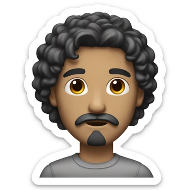 White man, straight and black hair with a small crest, mustache, and sparse beard sticker