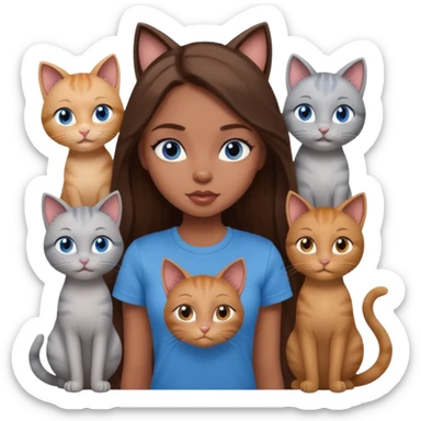 a pretty bratz dusky girl with long brown hair, blue eyes with six cats nd wearing a grey tshirt sticker