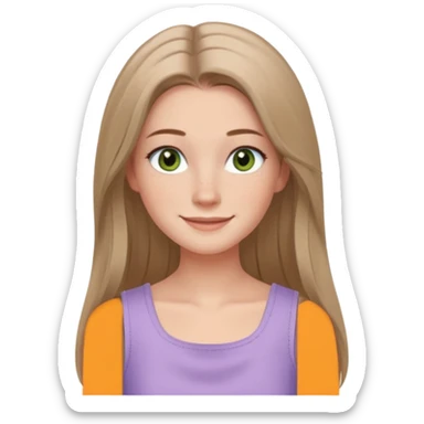 emoji of a confident woman named Freya McOmish, smiling, hazel green eyes, straight long hair with a middle part, subtle freckles, modern casual style, broad shoulders, wearing a pale lavender sleeveless deep square neck top sticker