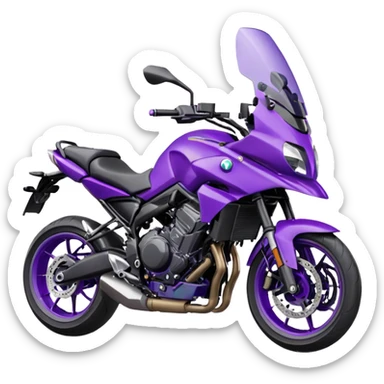 Créer un emoji avec une moto mt07 sport noir mate / violet iridescent très foncé, pare-brise de la moto violet. Avec une pilote dessus visière violet sombre visage caché . Avec fond arrière violet en arrière plan. sticker