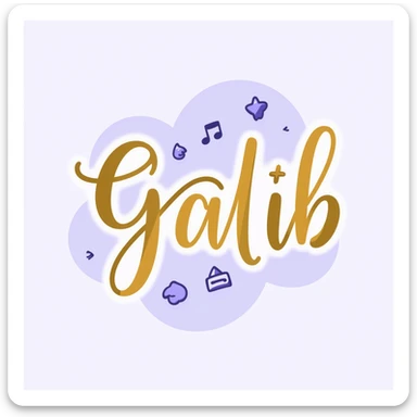 elegant cursive and bold typography of the word 'Galib' in a dreamy style, surrounded by ✨💖🌙💫🔥 emojis, with a soft gold-lavender-blue gradient, luxurious and glowing sticker