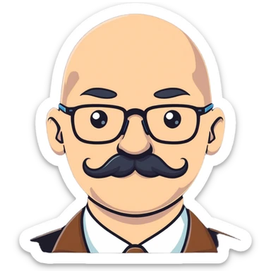 A man with glasses, moustache and hairless sticker