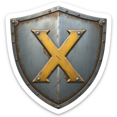 a battle worn steel shield with engraved text "XXX", the text should be prominent and in the center of the shield sticker