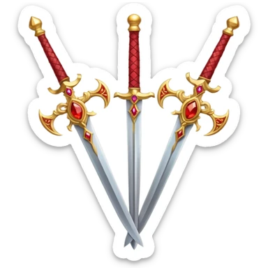 Two crossed swords that are golden in blade and handle and have fiery and royal appearence to them as well as red gem stones sticker