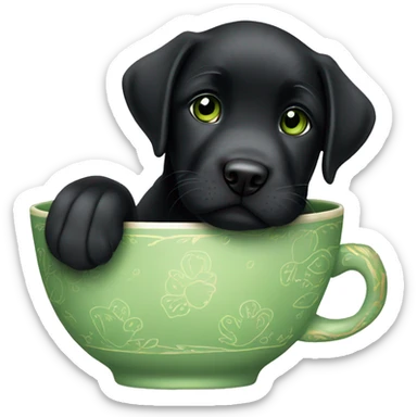 a black labrador puppy with green eyes sitting in a tea cup sticker