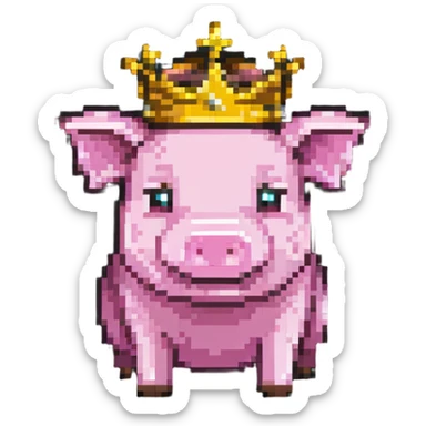 Minecraft style pig with a golden crown, inspired by Technoblade, inside a Minecraft castle sticker