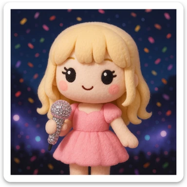 Pretty and girly Blonde pop star with bangs, holding a bedazzled microphone, reimagined as a soft kawaii plushie doll, with a nighttime concert backdrop with colorful confetti sticker