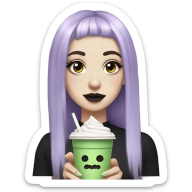 goth white girl with eyeliner, mid length hair, purple hair, bangs holding iced matcha   sticker