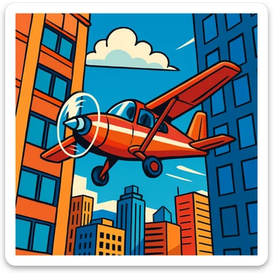 A small plane flying through a gap between two skyscrapers, city view, action-packed, vivid illustration, no text sticker