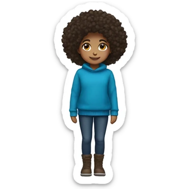 winter, christmas, hispanic, afro hair,  girl, brown eyes, child, full body, blue sweater sticker