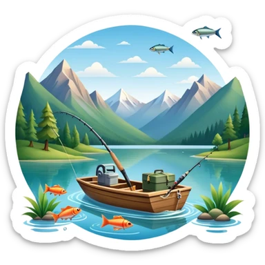 Icon for Fishing Travel: a boat on a calm lake surrounded by mountains and lush greenery, with fish jumping out of the water, a fishing rod, tackle box. The icon should capture the peaceful and adventurous nature of fishing trips. Transparent background. sticker