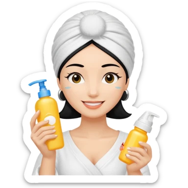 female character with black hair wearing white towel turban, holding sunscreen bottle labeled SPF 50, applying sunscreen to cheek sticker