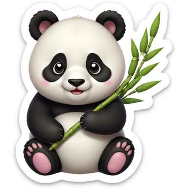 Cinematic smiling chubby panda, fluffy black and white fur, round rosy cheeks, tiny paws holding a bamboo shoot, sparkling eyes full of joy, soft glowing background, irresistibly huggable. sticker