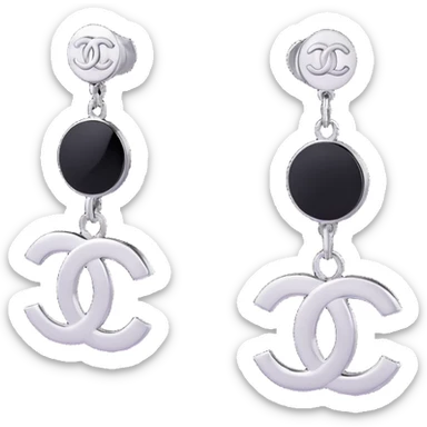 3D emoji-style minimalist Chanel logo earrings, silver and black, modern sticker