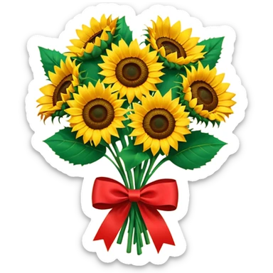 bouquet of sunflower with red bow and red wrapping paper sticker