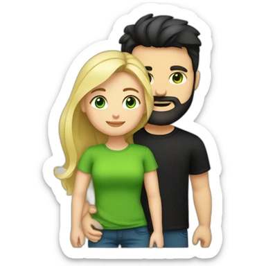 A blond chubby girl with blue eyes and black haired and bearded man with green eyes. The man wears a black t-shirt sticker