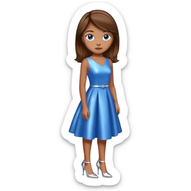 A girl with brown hair in a blue shiny dress, wearing silver heels sticker