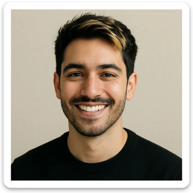 smiling man with black hair and blonde highlights, head and shoulders, simple background sticker