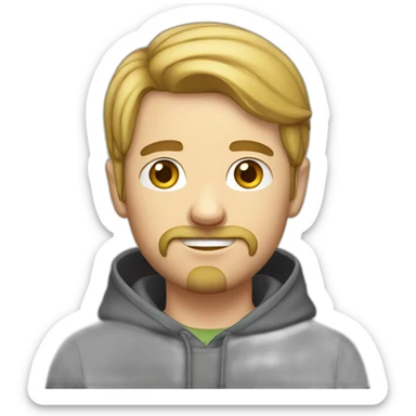 Young white man with moustache and beard wearing a hoodie sticker