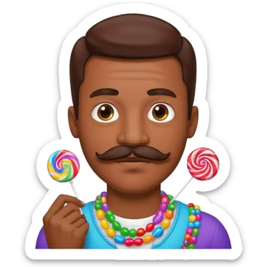 man with a lot of accessories and mustache made out of candy sticker