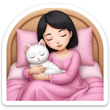 White cat sleeping with Asian girl short hair in pinky bed  sticker