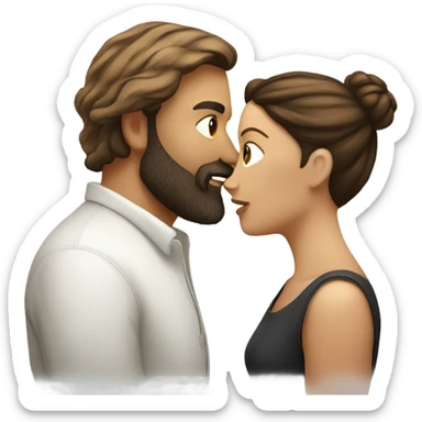 bearded man white with brown hair in a bun kissing a brunette woman sticker