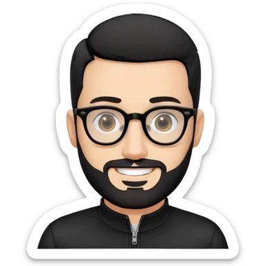 Fair-skinned man with almost buzz cut black hair (extremely short but not completely shaved), short salt and pepper beard, large black-framed glasses, smiling, wearing black long sleeve zip shirt at neck sticker