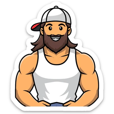 Muscular man with mid-long hair wearing a hat, big beard, smiling, white tank top sticker