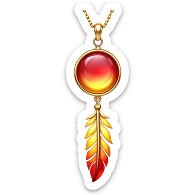 glowing ruby pendant shaped like a phoenix feather, red-yellow gradient, chain suspended midair with rebirth aura sticker