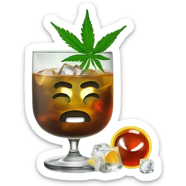 infused cocktail in rocks glass with cannabis garnish, straw and ice sticker
