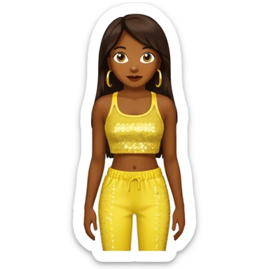 Chilli from TLC with long dark brown hair, yellow sequin crop top and pants, dark skin  sticker
