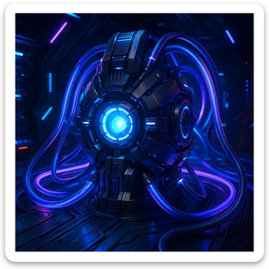 hyperdrive core for a starship, compact and powerful, surrounded by cables and lights, high-tech look sticker