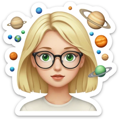 A blonde girl with green eyes and glasses with many planets around her sticker