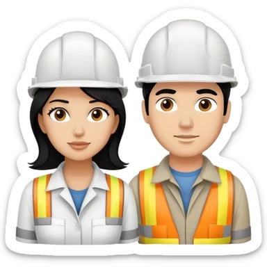 Woman and man builders with black hair and white construction helmets sticker
