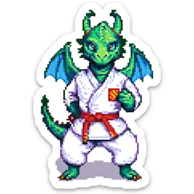 a dragon in a karate uniform, pixel art style sticker