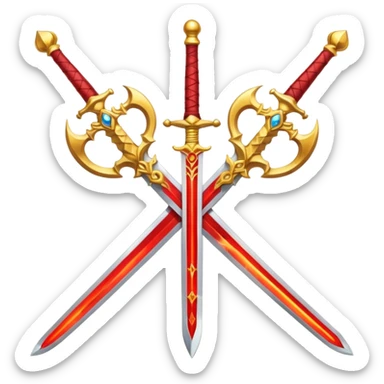 Two crossed swords that are golden in blade and handle and have fiery and royal appearence to them as well as red gem stones yellow in color sticker