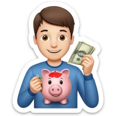 A young guy puts money in a piggy bank. sticker