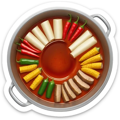 A hot pot emoji in top-down view. The pot is divided into two sections: one with spicy red broth filled with chili peppers, and one with mild white broth. Surround the pot with rolled slices of meat, vegetables, and mushrooms. sticker