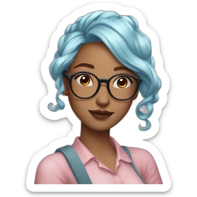 Beautiful Aesthetic Woman, glasses, light blue skirt, pink long ponytail hair sticker