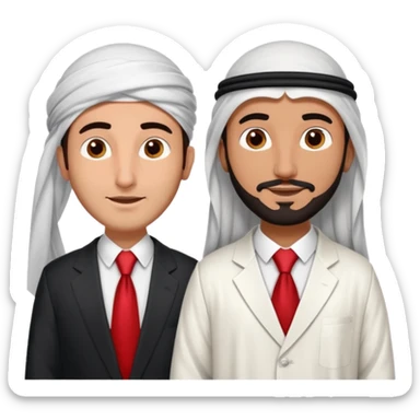 UAE sheikh in traditional clothes standing and talking with a USA businessman in a suit sticker