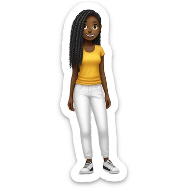 une fille africaine les cheveux tressés portan un tshirt blanc un pantalon noir des baskets blanches et souriante. sticker