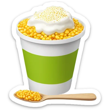A white plastic cup filled whit yellow corn kernels, topped with grated cheese, white cream, chili powder, and a plastic spoon, with a hint of lime sticker
