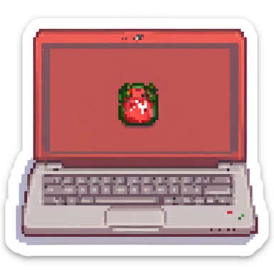 red laptop with a logo that says 'cmv' on the back, pixel art style sticker
