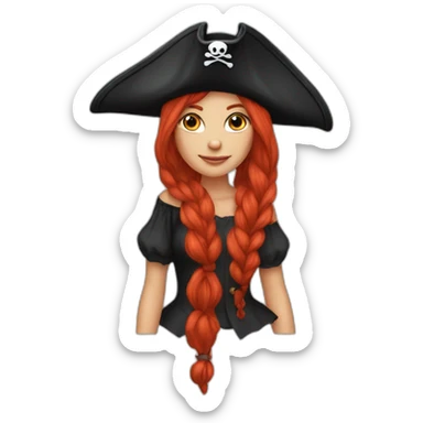 Woman long red hair in a platt .pirate hat. One side of head has no hair. skull and crossbones t shirt sticker