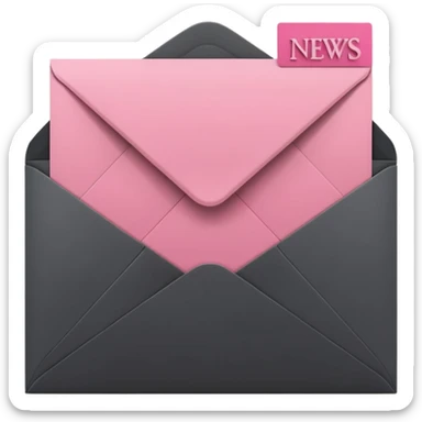 A minimalist 3D icon of an open envelope with a card inside that says 'NEWS', flat design style, colors: deep charcoal black (#000000) and soft accent pink (#f9a8d4), clean lines, high contrast, isolated on a black background, high resolution. sticker