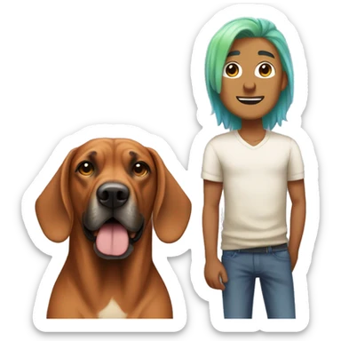 white male with long rainbow colored hair standing alongside a brown rhodesian ridgeback sticker