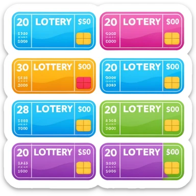 Create blank lottery coupons fanned out, clean and colorful, with different header colors and simple grid sections. No numbers, no text—just empty fields and a lottery-ticket layout. Bright, modern, and on a neutral background. sticker