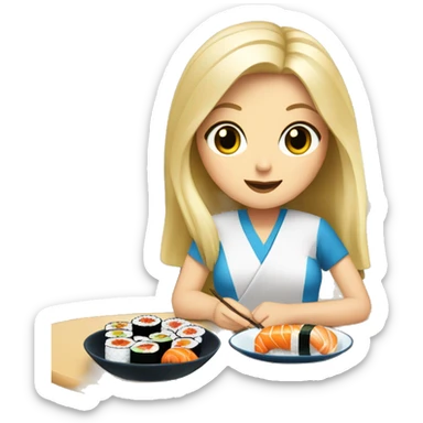Blonde white girl with blue eyes eating sushi with friends sitting in a table sticker