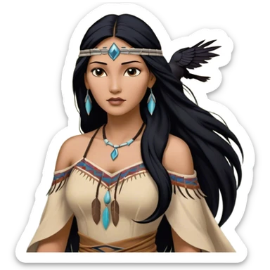 Cinematic Realistic Pocahontas Portrait, depicted with lifelike skin texture, soft natural lighting, and intricately detailed long, flowing raven-black hair that moves gracefully in the wind. Her deep, soulful dark brown eyes exude wisdom and strength, complemented by a serene yet powerful expression. She is dressed in her classic one-shoulder native american dress, with rich fabric textures and delicate beaded details that catch the light beautifully. The portrait features a soft, sun-kissed glow with a natural, radiant finish, capturing the essence of untamed beauty and deep connection to nature in a realistic and painterly style, evoking a sense of depth and authenticity. sticker