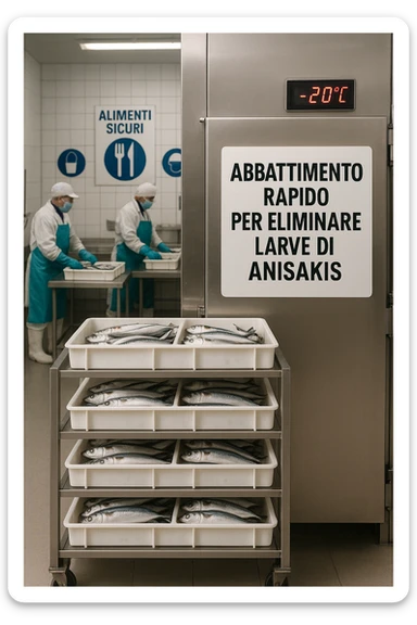 a fish processing facility where freshly caught fish are placed on trays and moved into a large industrial freezer. A temperature gauge shows -20°C, and an educational label explains that rapid freezing (abbattimento) is used to kill Anisakis larvae. The background includes workers in protective clothing and clear signage about food safety. in italiano sticker